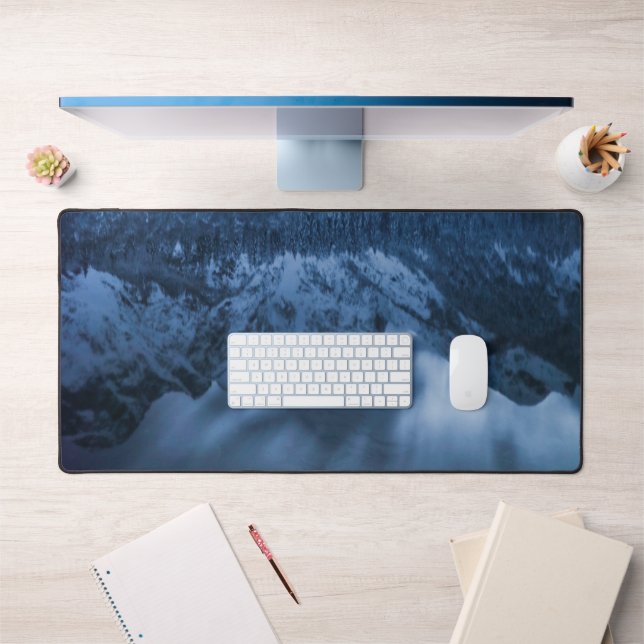 Majestic mountain Mangart reflection Fusine lake Desk Mat (Office 1)