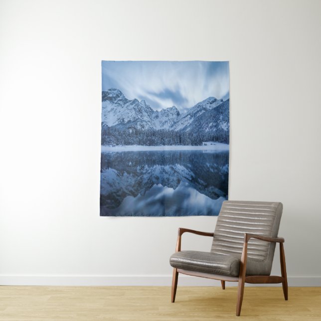 Majestic mountain Mangart reflection Fusine lake Tapestry (In Situ)