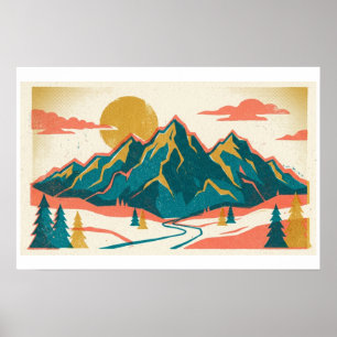 Majestic Mountain Peaks   Vintage Risograph Poster