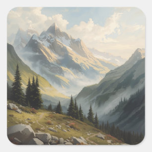 Majestic Mountain Reverie: Traditional Painting  Square Sticker