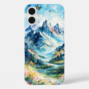 Majestic Mountain Scenery with Butterflies, Wildfl iPhone 16 Plus Case