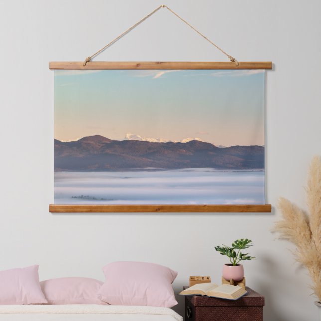 Majestic mountain Triglav with fog in valley Hanging Tapestry (Bedroom)