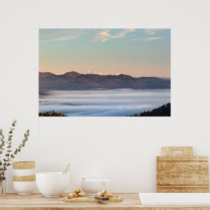 Majestic mountain Triglav with fog in valley Poster