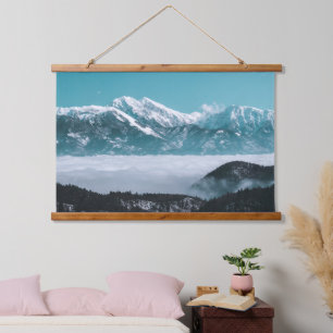 Majestic mountains rising over foggy valley hanging tapestry