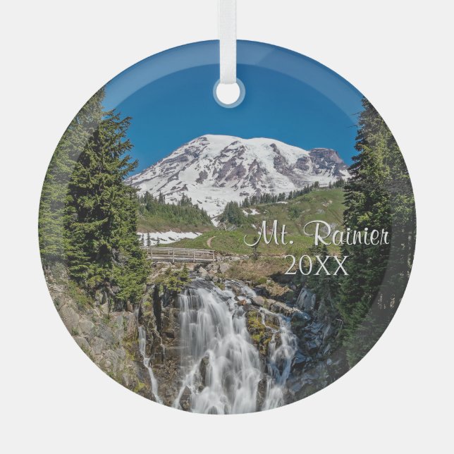 Majestic Mt. Rainier with Myrle Falls, Paradise Glass Tree Decoration (Front)