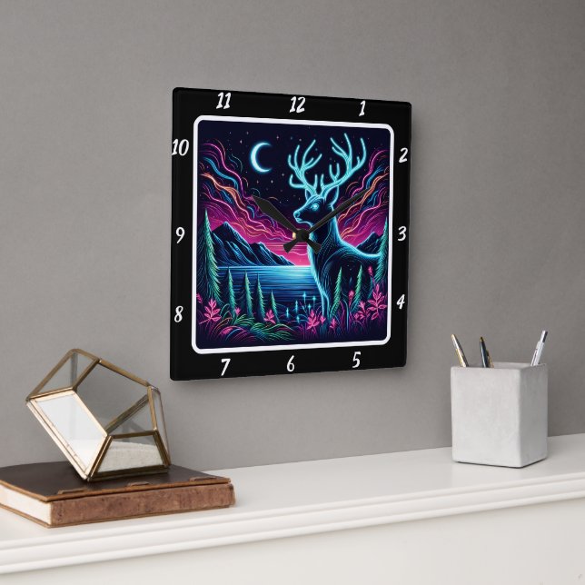 Majestic Neon Deer Antlers Horizon  Square Wall Clock (Office)