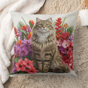 Majestic Norwegian Forest Cat with Tropical Flower Cushion