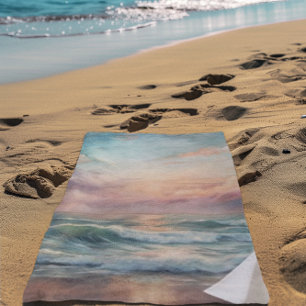 Majestic Ocean Sunset Waves Watercolor Coastal Beach Towel