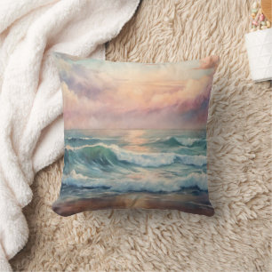 Majestic Ocean Sunset Waves Watercolor Coastal Cushion