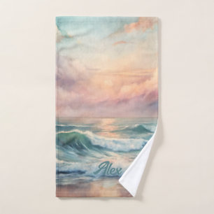 Majestic Ocean Sunset Waves Watercolor Coastal Hand Towel