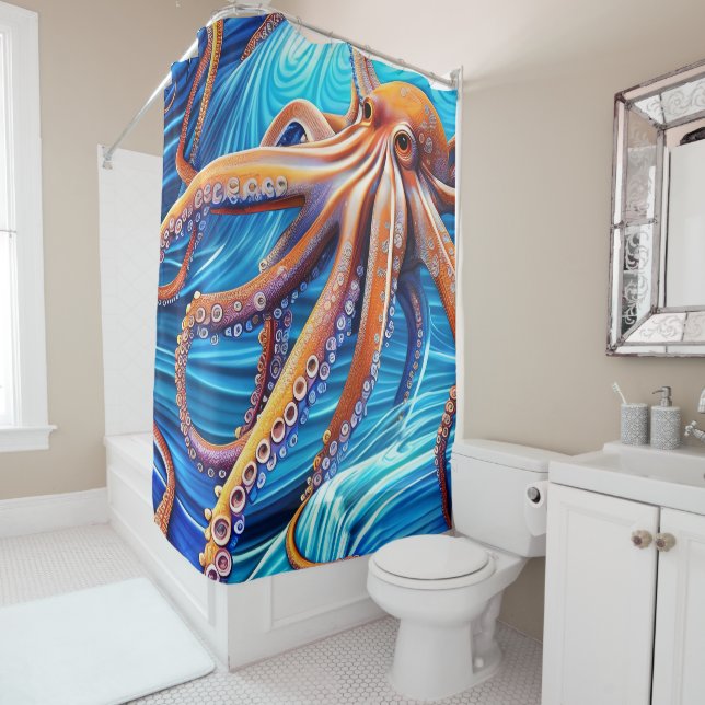 Majestic Octopus Blue Ocean Wave Expressionism Shower Curtain (In Situ)