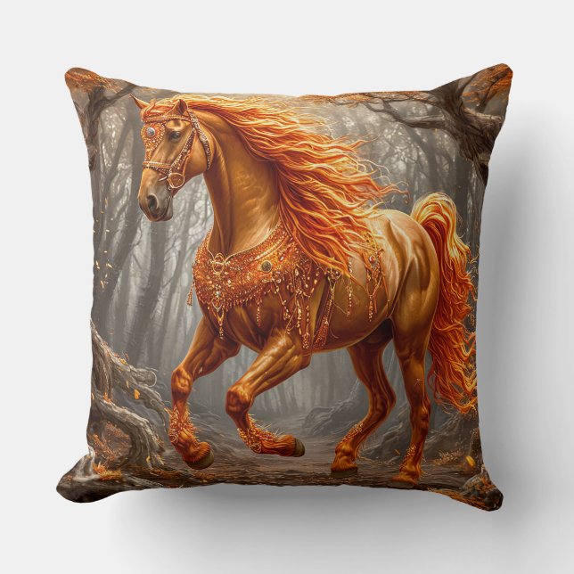 Majestic Orange Horse in Autumn Forest Cushion (Front)