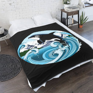 Majestic Orca Killer Whale Blue Waves Ocean Fleece Blanket