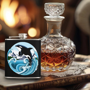 Majestic Orca Killer Whale Blue Waves Ocean Hip Flask