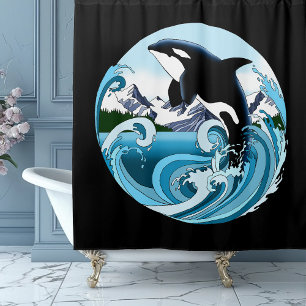 Majestic Orca Killer Whale Blue Waves Ocean Shower Curtain
