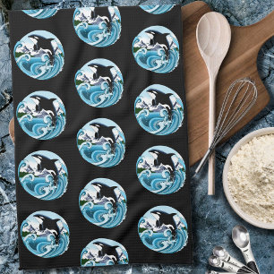 Majestic Orca Killer Whale Blue Waves Ocean Tea Towel