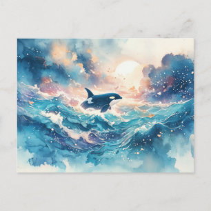 Majestic Orca Sunlit Watercolor Wave Postcard