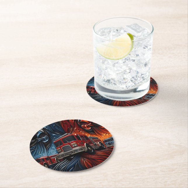 Majestic Owls With Fiery And Icy Firetruck Round Paper Coaster (Insitu)
