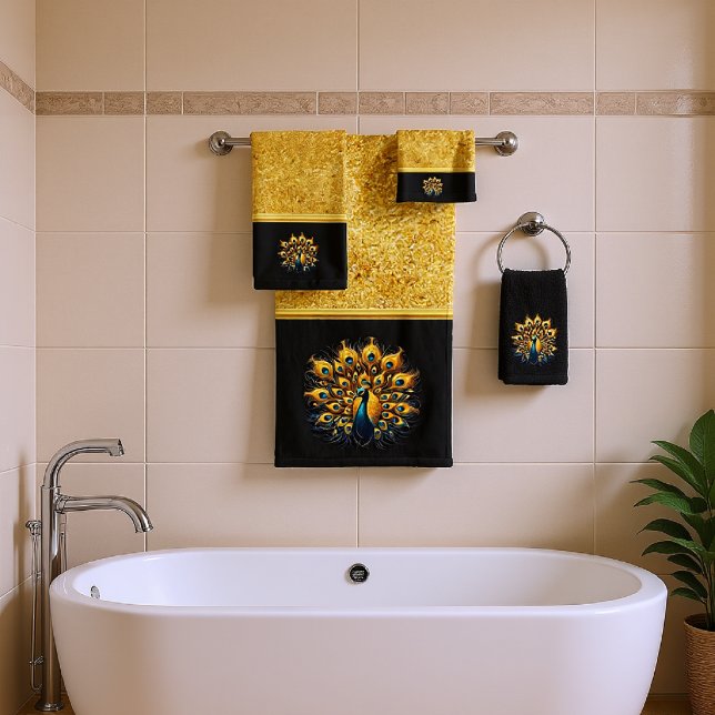 Majestic Peacock Display Blue And Gold Bath Towel Set (Creator Uploaded)