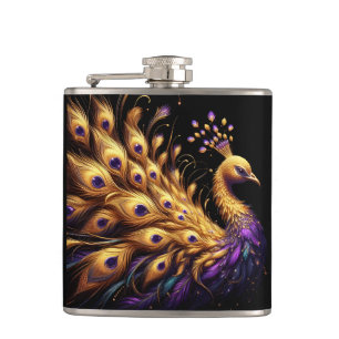 Majestic Peacock Displaying Purple and Gold Feathe Hip Flask