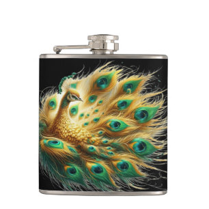 Majestic Peacock Displays Green and Yellow Plumage Hip Flask