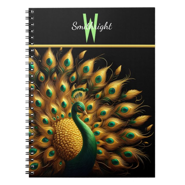 Majestic Peacock Elegance Monogram Notebook (Front)