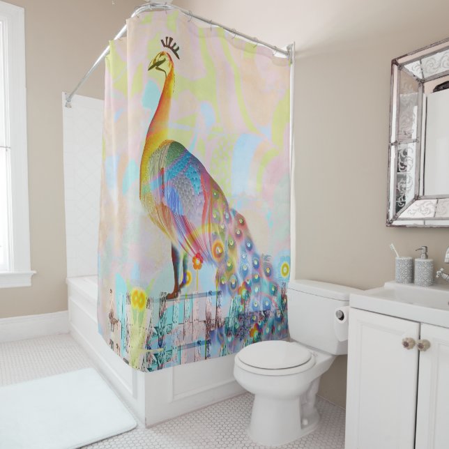 Majestic peacock on a fence - abstract  shower curtain (In Situ)