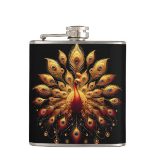 Majestic Peacock Showcasing Its Plumage Hip Flask