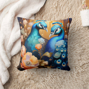 Majestic Peacocks Among Colourful Blooms Cushion
