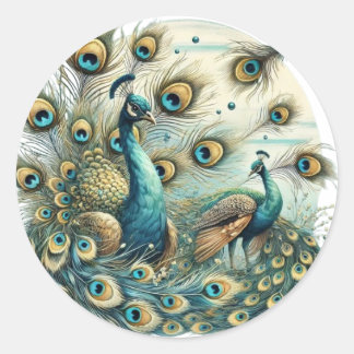 Majestic Peacocks – Vibrant Feather Display Classic Round Sticker