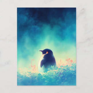 Majestic Penguin in Moody Teal Meadow Postcard