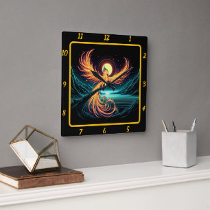 Majestic Phoenix Over Moonlit Peaks Square Wall Clock