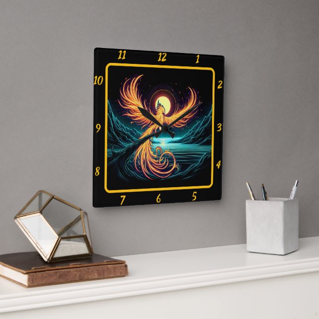 Majestic Phoenix Over Moonlit Peaks Square Wall Clock (Office)