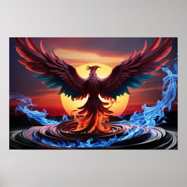 Majestic Phoenix Rising from Fiery Depths Sunset Poster (Front)