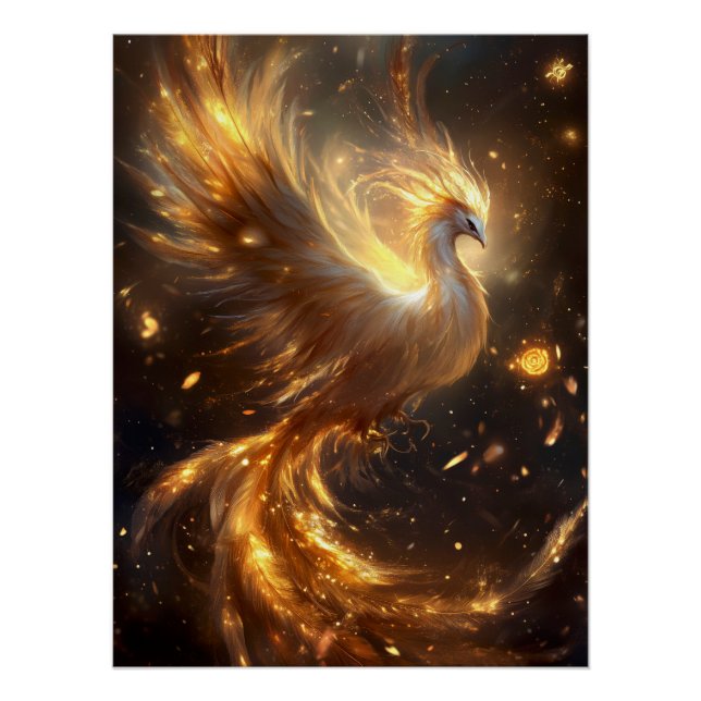 Majestic Phoenix Rising in Golden Flames Poster (Front)