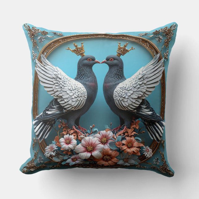 Majestic Pigeons with Crowns Royal Elegant Birds Cushion (Front)