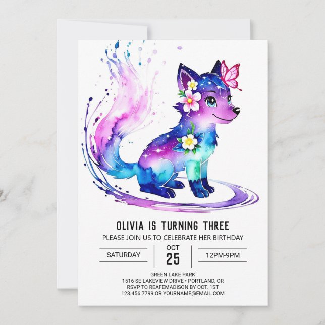 Majestic Pink Wolf Digital Girl Birthday Invitation (Front)