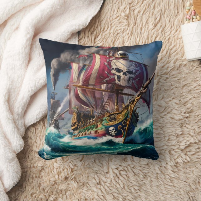 Majestic Pirate Ship Battling Rough Seas at Dusk Cushion (Blanket)