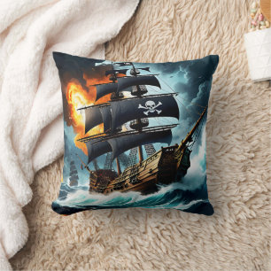 Majestic Pirate Ship Battling Stormy Seas at Dawn Cushion