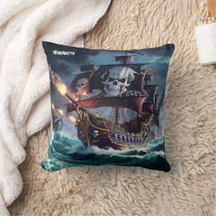 Majestic Pirate Ship Battling Stormy Seas at Dusk Cushion
