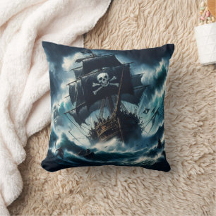 Majestic Pirate Ship Battling Stormy Seas Cushion