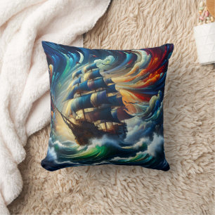 Majestic Pirate Ship Navigating Stormy Seas Cushion