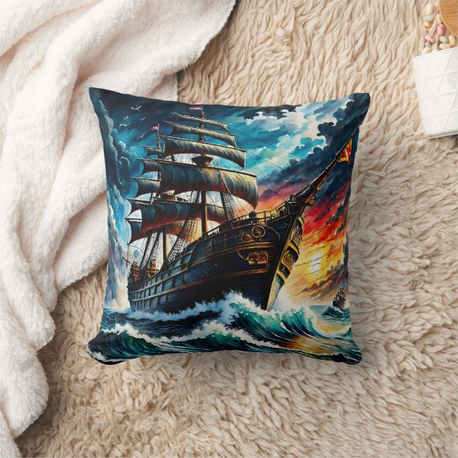 Majestic Pirate Ship Sailing at Sunset Cushion (Blanket)