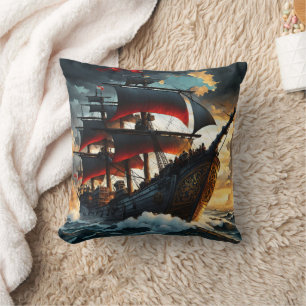 Majestic Pirate Ship Sailing During Sunset Cushion