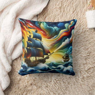 Majestic Pirate Ship Sailing Through Colourful Sea Cushion