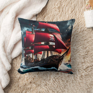 Majestic Pirate Ship Sailing Through Stormy Seas Cushion