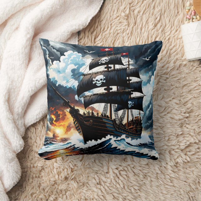 Majestic Pirate Ship Sailing Through Stormy Seas Cushion (Blanket)