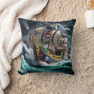 Majestic Pirate Ship Sailing Through Stormy Seas Cushion