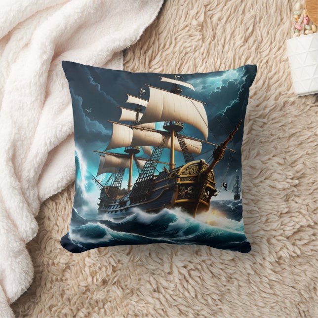 Majestic Pirate Ship Sailing Through Stormy Seas Cushion (Blanket)