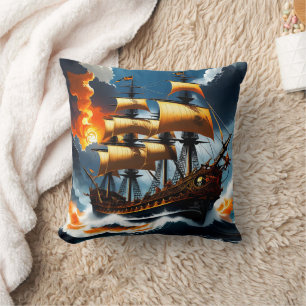 Majestic Pirate Ship Sailing Through Stormy Seas Cushion